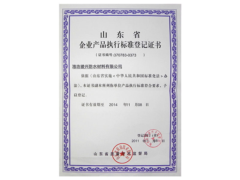 山东省企业产品执行标准等级书
